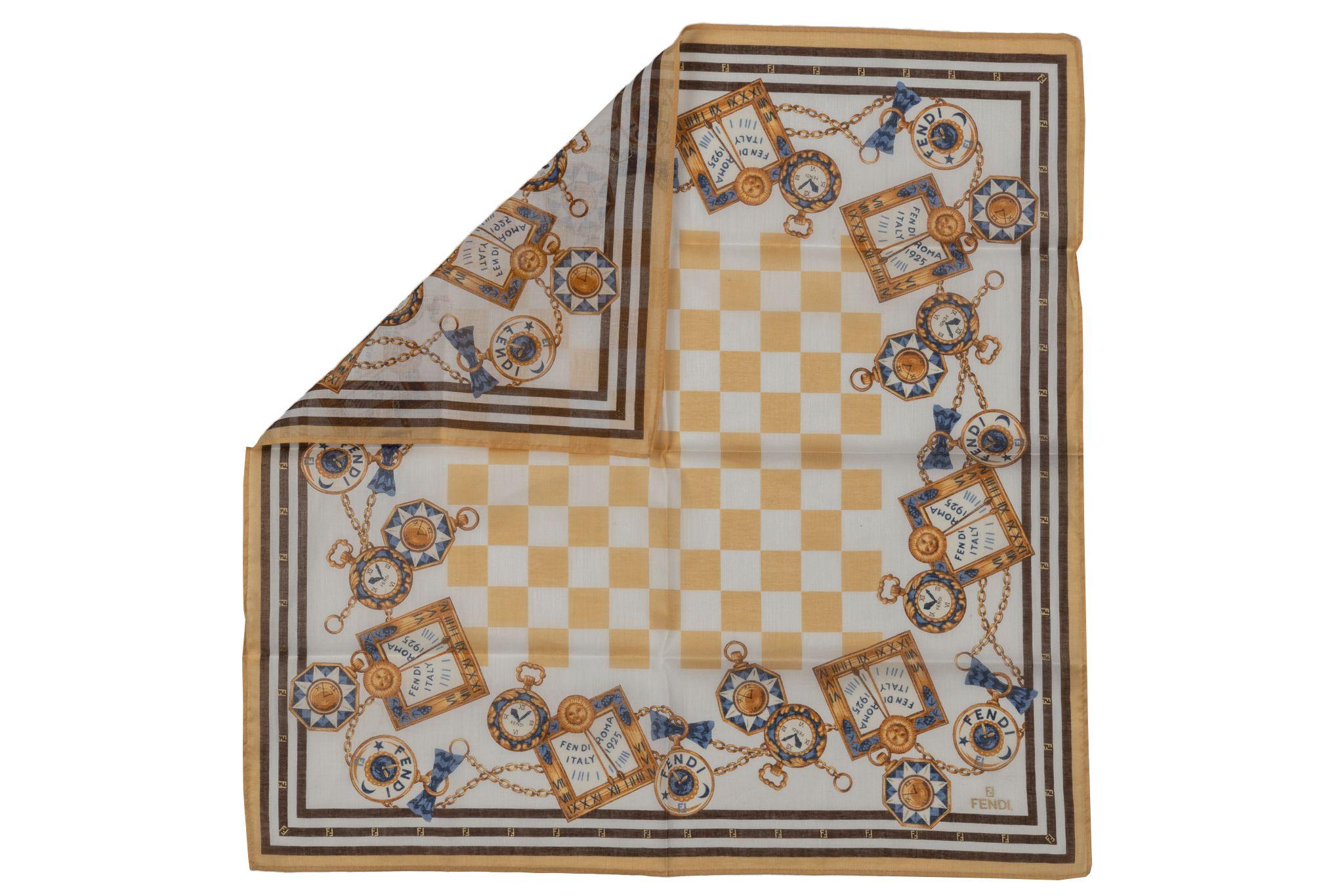Fendi new cotton gavroche, white and yellow checkers design with clocks detail. 
No label.