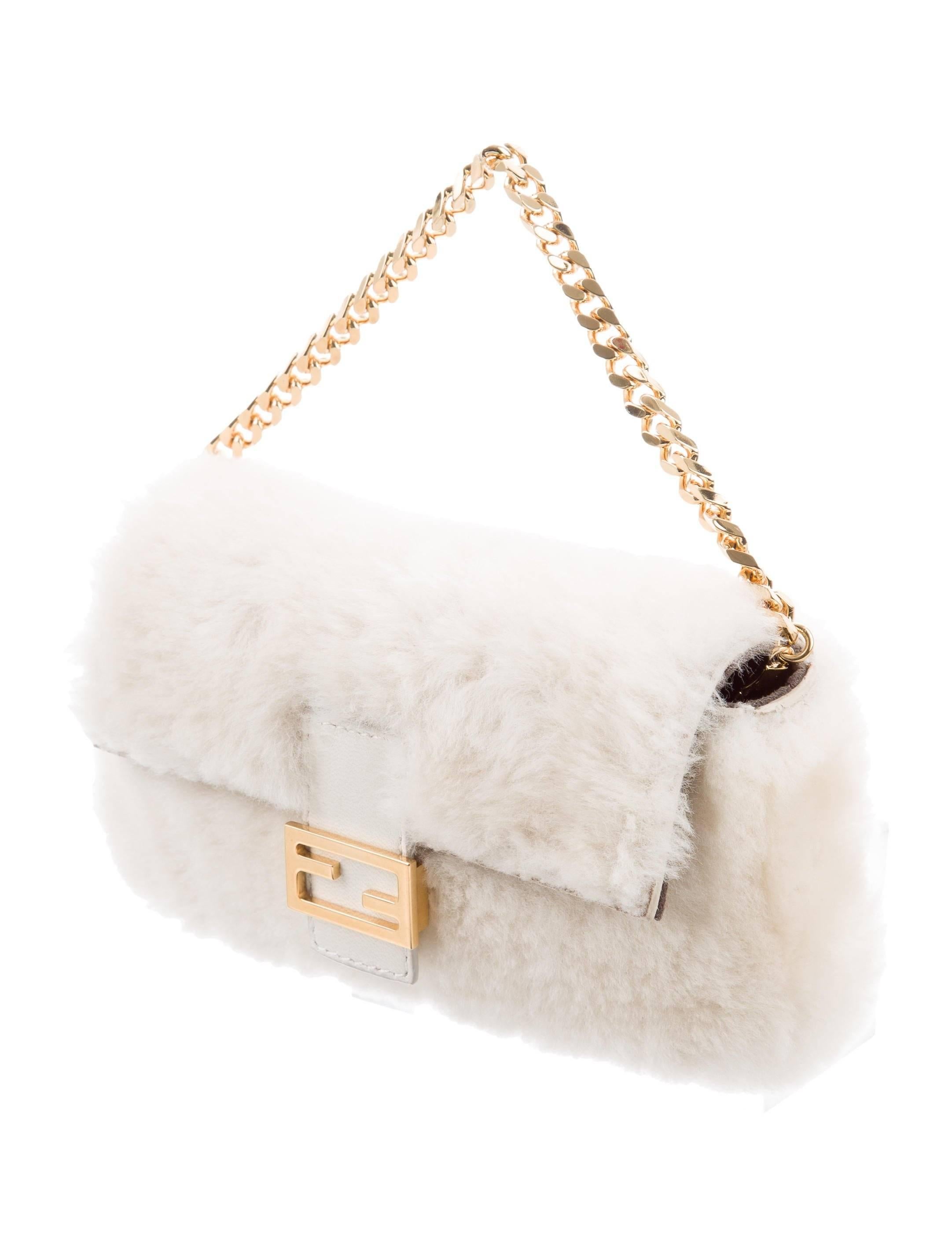 Beige Fendi NEW Winter White Fur Gold 2 in 1 Clutch Evening Handle Chain Flap Bag