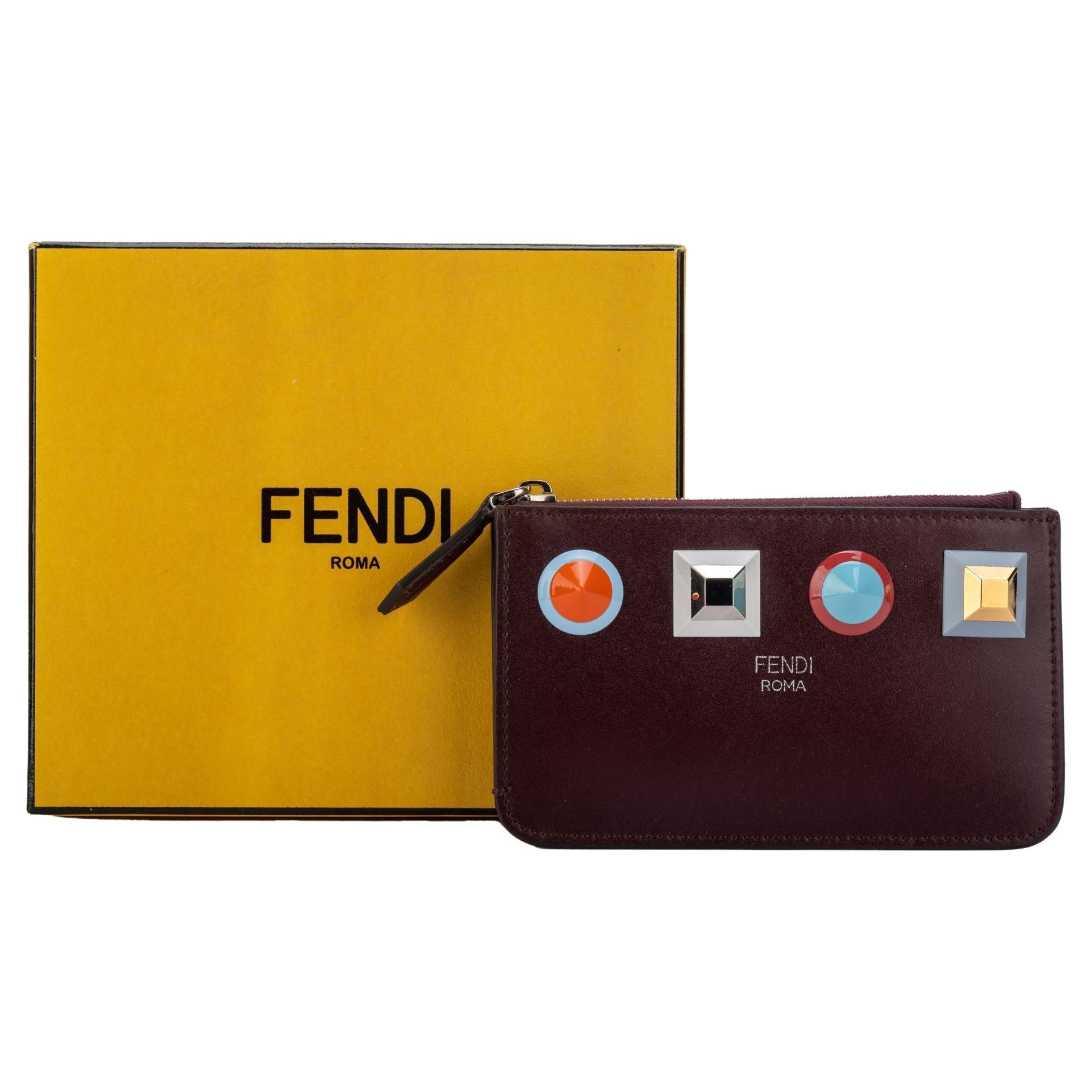 Fendi NIB Burgundy Zipped Wallet W/Studs For Sale