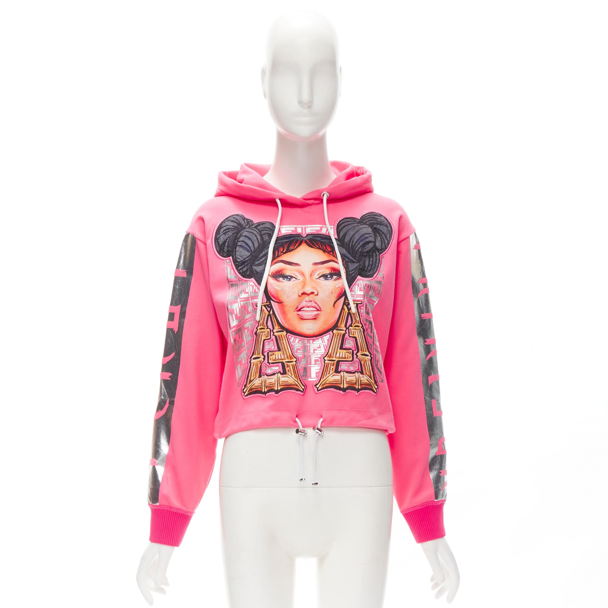 FENDI Nicki Minaj Prints On pink silver foil print cropped hoodie S 4