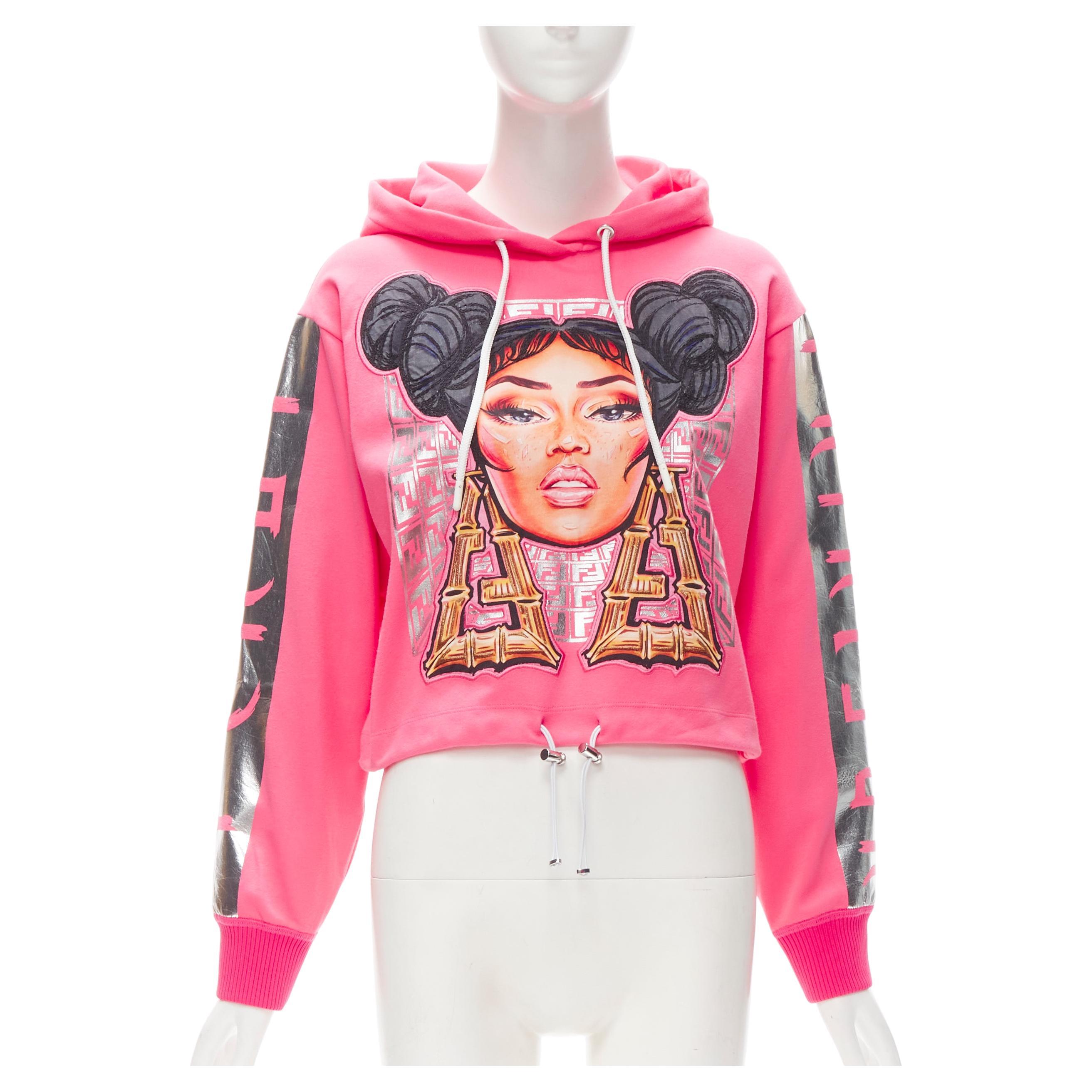 FENDI Nicki Minaj Prints On pink silver foil print cropped hoodie S