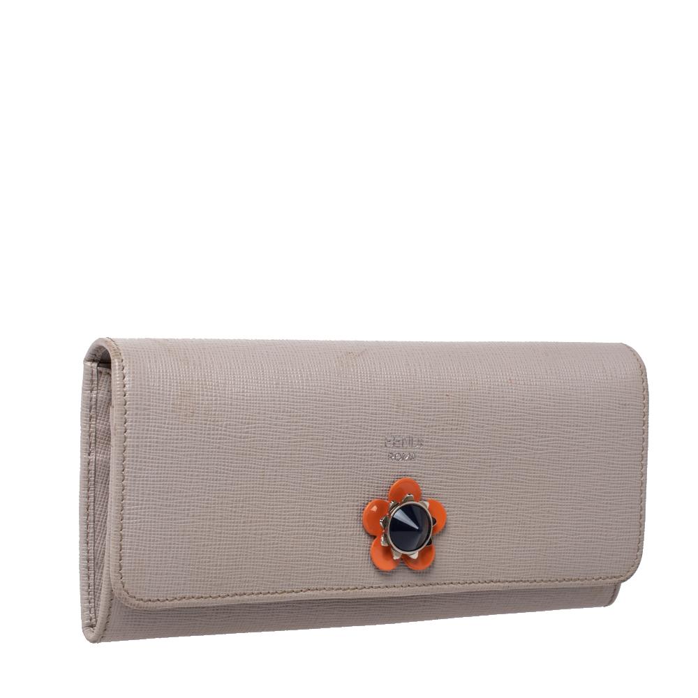 Gray Fendi Nude Leather Flower Continental Wallet
