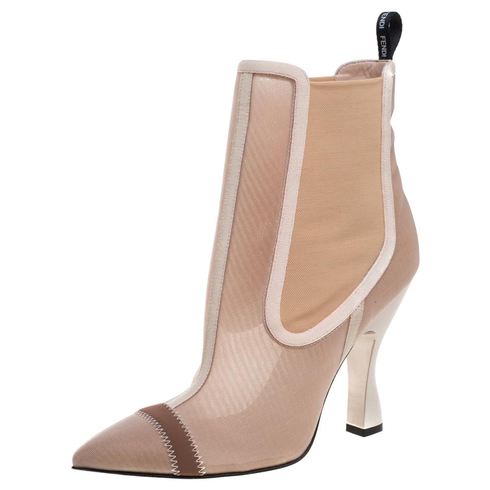 Fendi Nude Pink Mesh And Fabric Colibri Ankle Length Boots Size 39