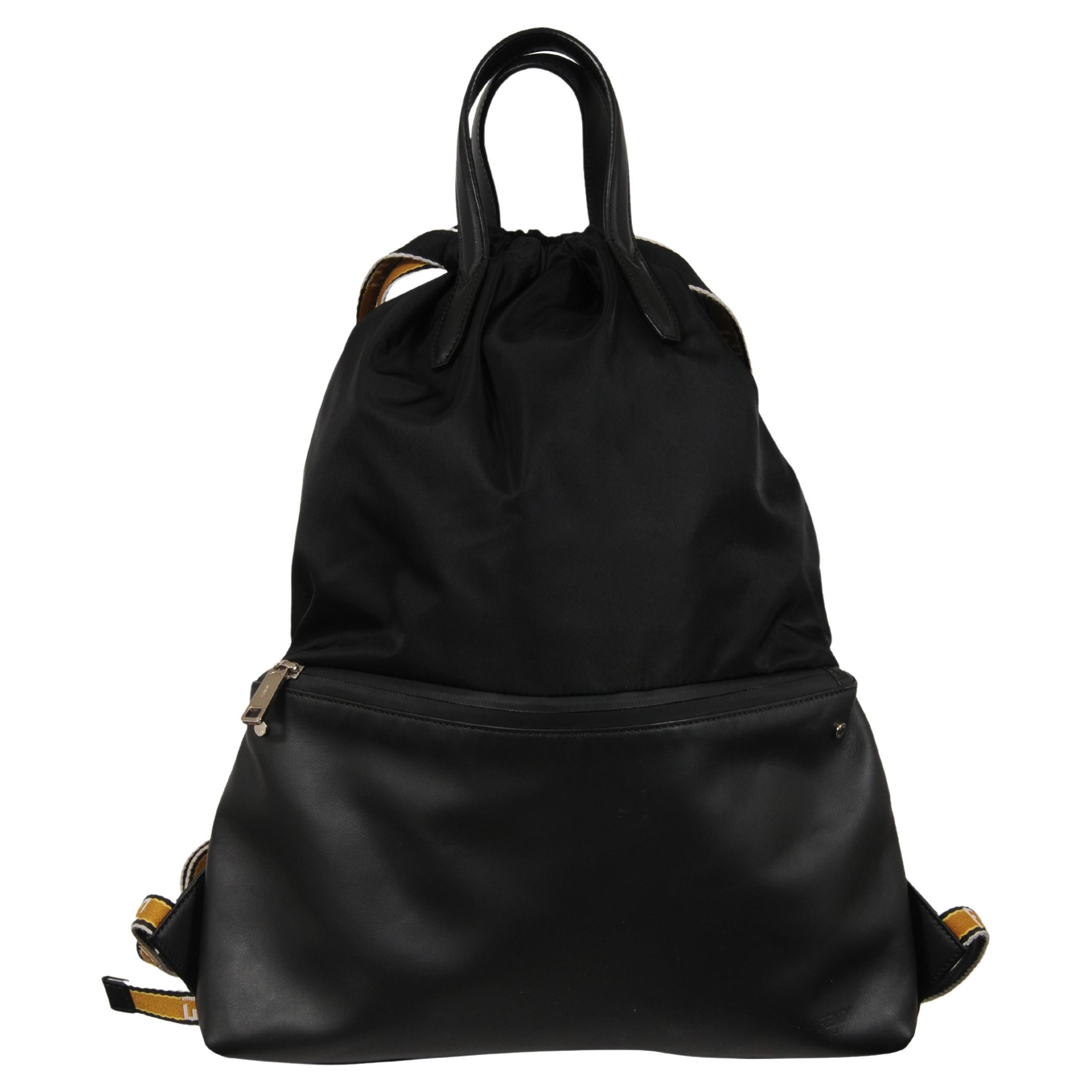 Fendi Nylon Vitello Drawstring Backpack Black Leather Logo Yellow Straps