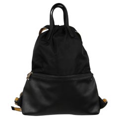 Fendi Nylon Vitello Drawstring Backpack Black Leather Logo Yellow Straps