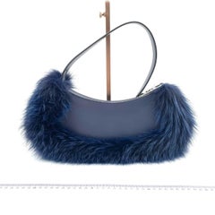 FENDI O Lock Navy Leather and Faux Fur Shoulder Bag
