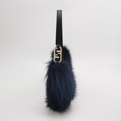 FENDI O Lock Navy Leather and Faux Fur Shoulder Bag