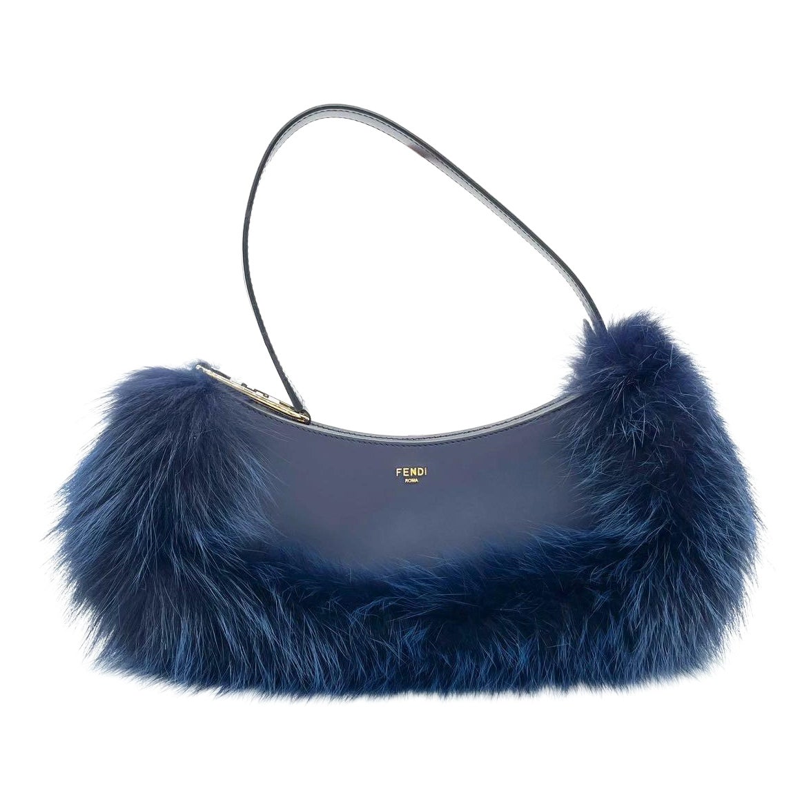 FENDI O Lock Navy Umhängetasche aus Leder und Kunstpelz im Angebot