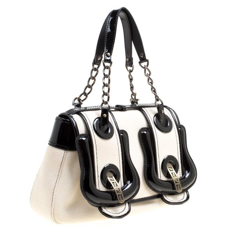 Fendi Off White/Black Canvas and Patent Leather B Shoulder Bag For Sale at 1stdibs