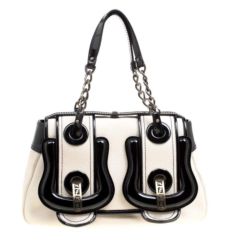 Fendi Off White/Black Canvas and Patent Leather B Shoulder Bag For Sale at 1stdibs