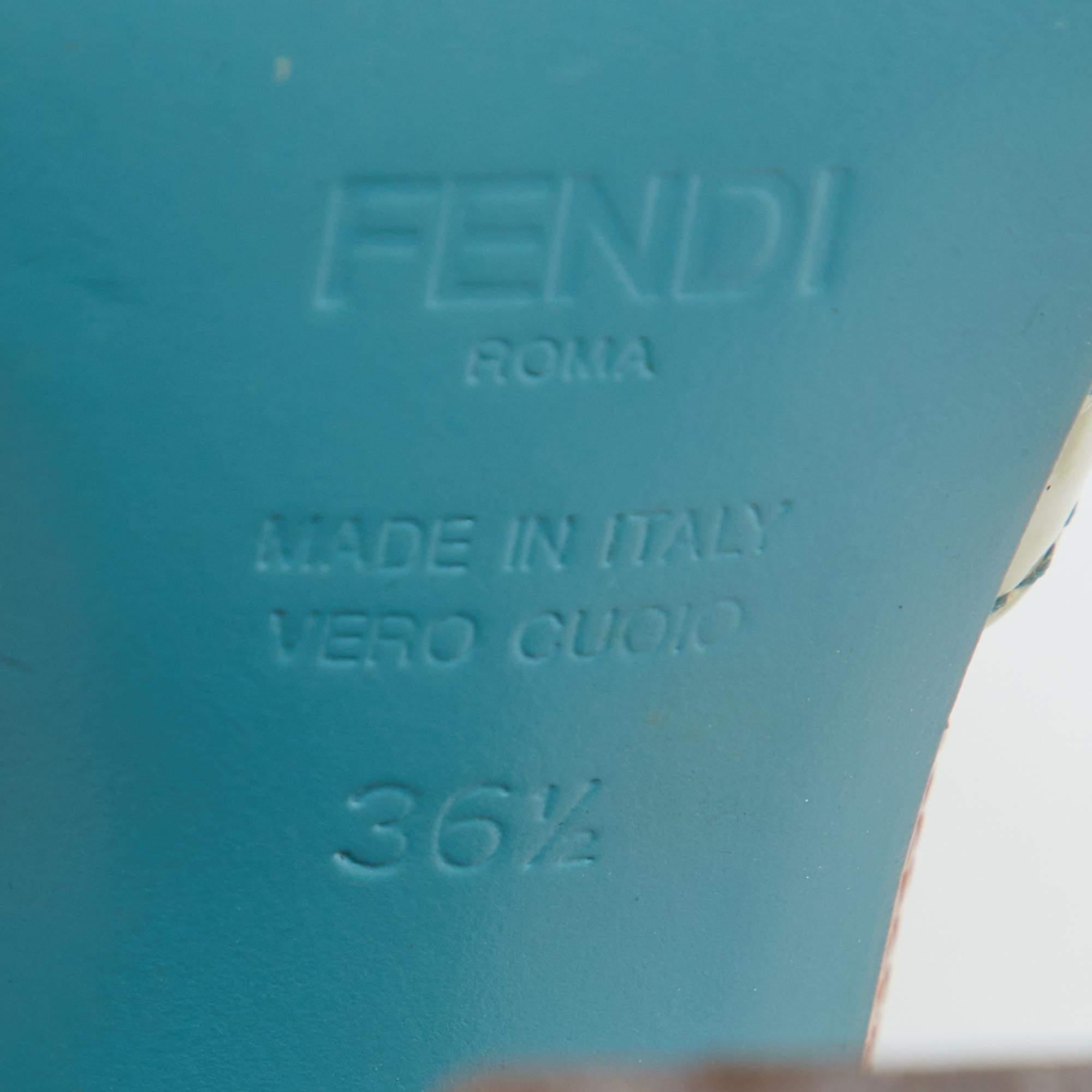 Fendi Off-white/Blue Patent Leather T-Strap Platform Sandals Size 36.5 For Sale 3