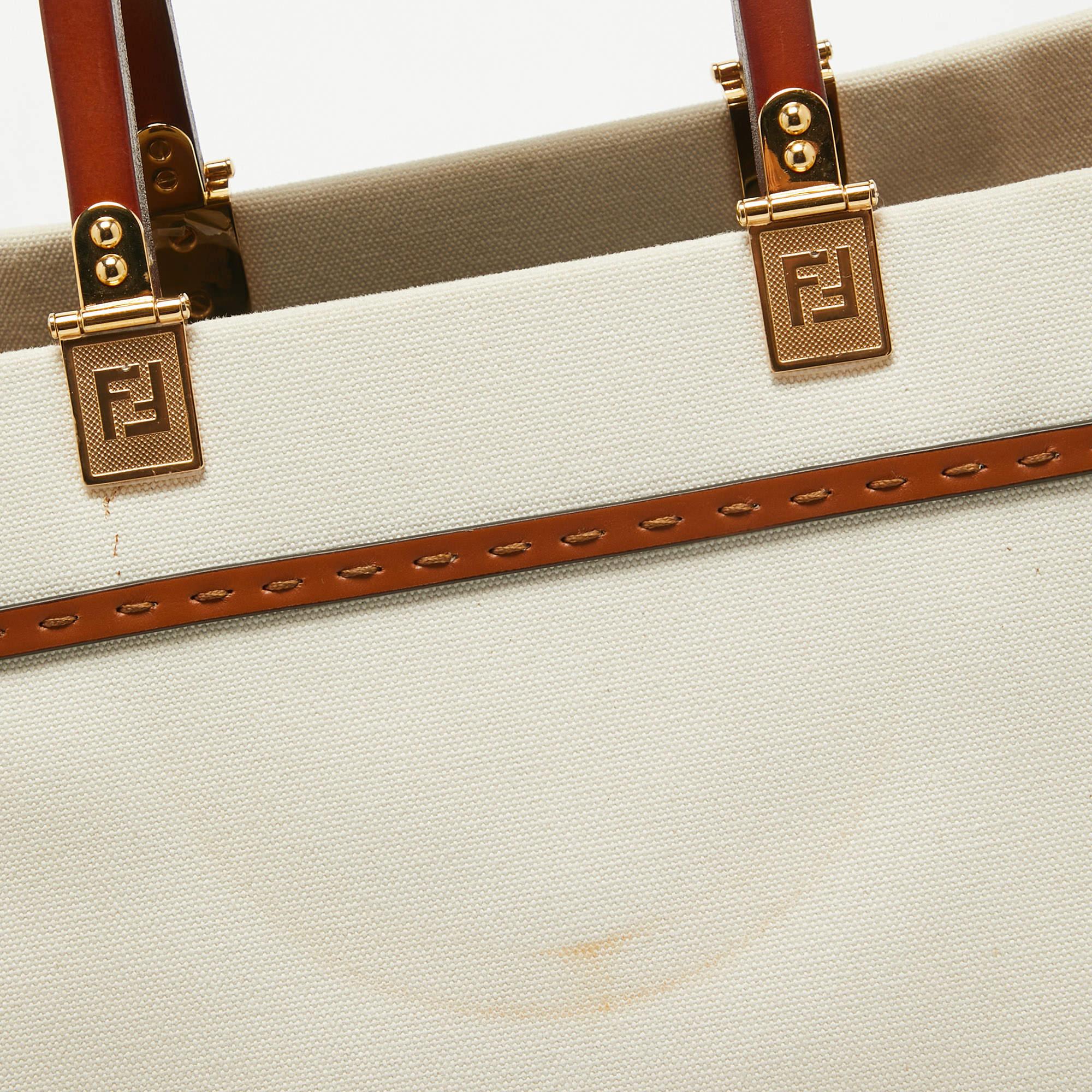 Fendi Off White Canvas and Leather Medium Sunshine Tote 2