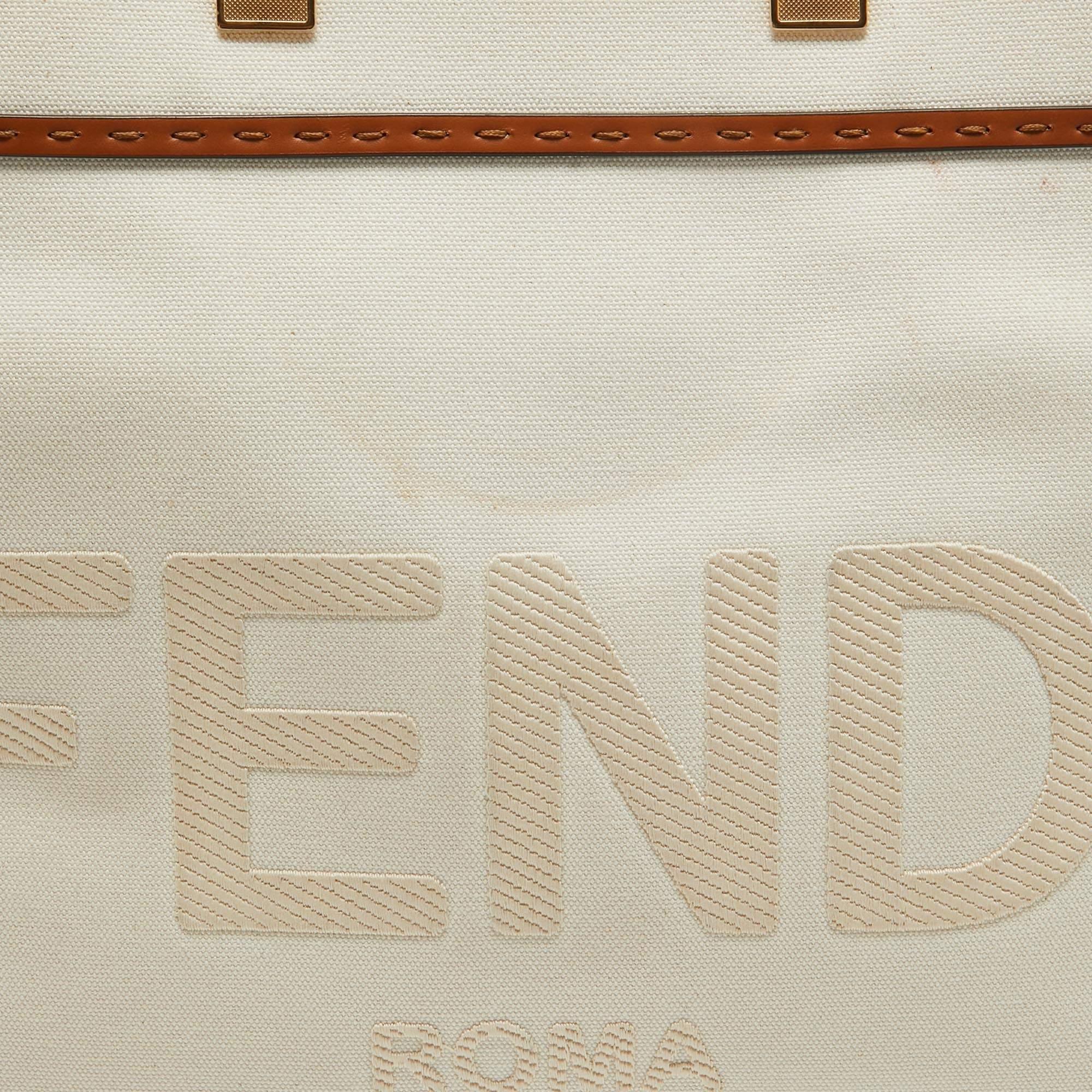 Fendi Off White Canvas and Leather Medium Sunshine Tote For Sale 3