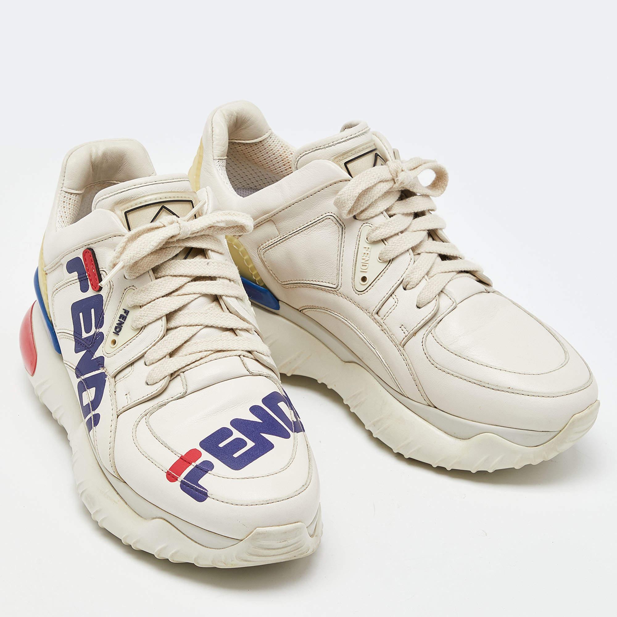Fendi Off White Leather and Rubber Fendi Fila Mania Sneakers Size 39 In Good Condition In Dubai, Al Qouz 2