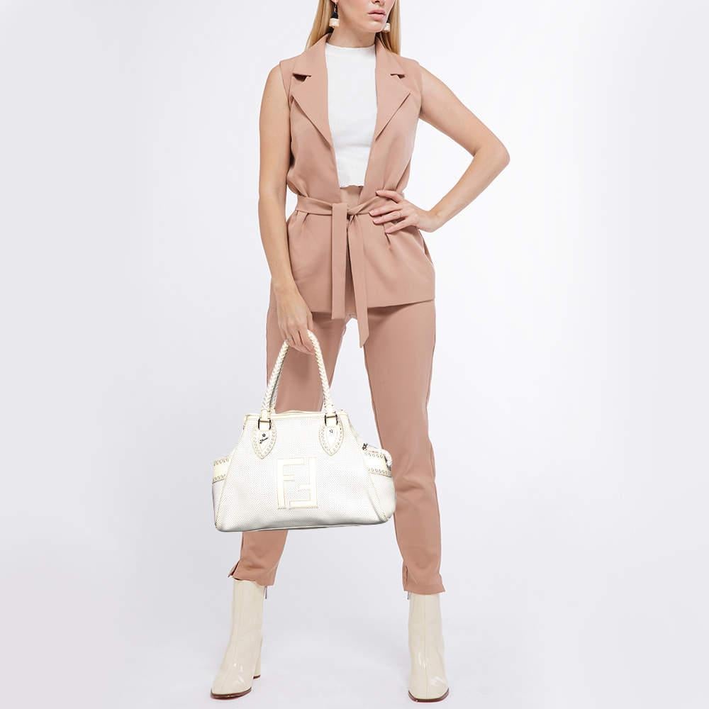Fendi Off White Perforated Patent Leather Chef De Jour Bag In Good Condition In Dubai, Al Qouz 2