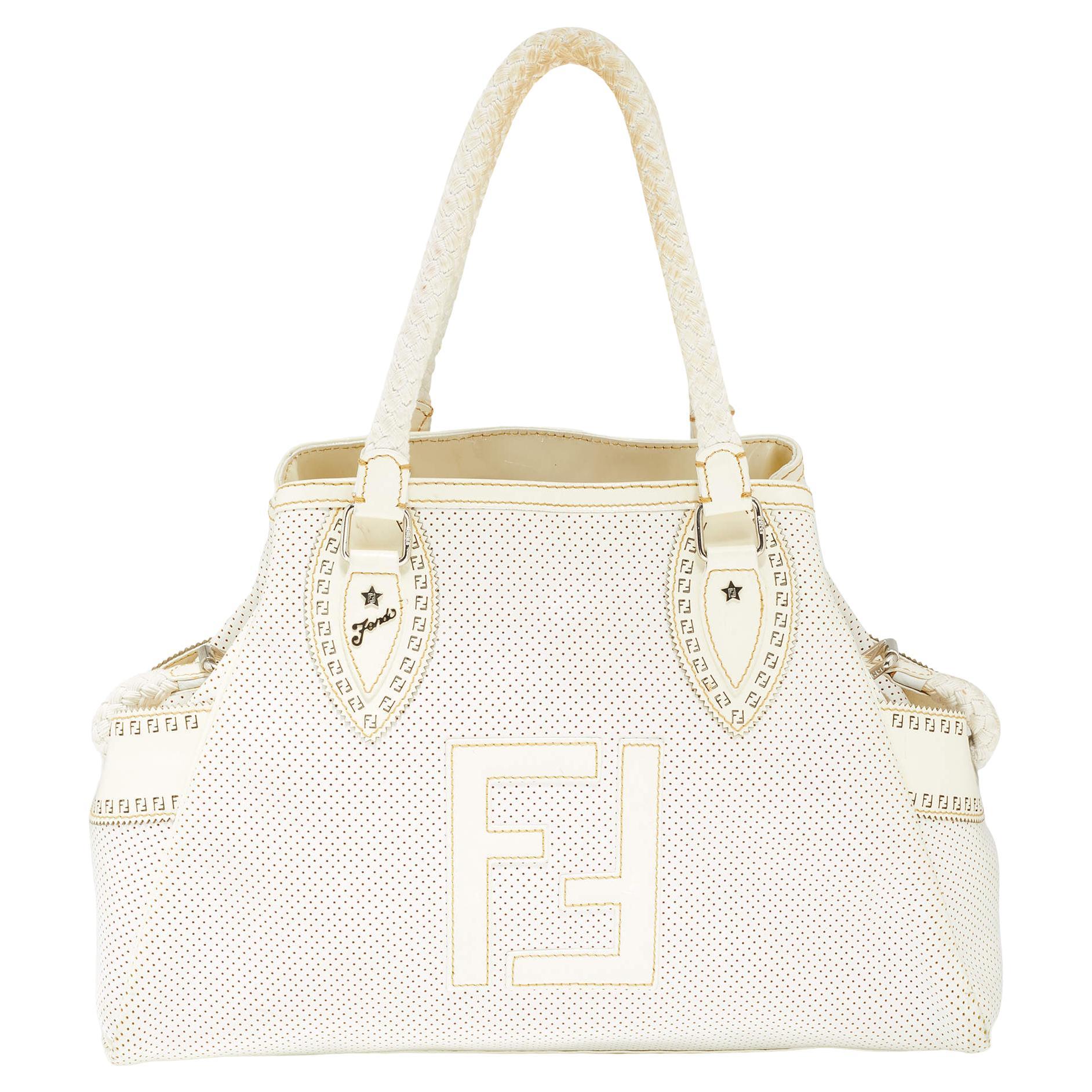 Fendi Off White Perforated Patent Leather Chef de Jour Bag