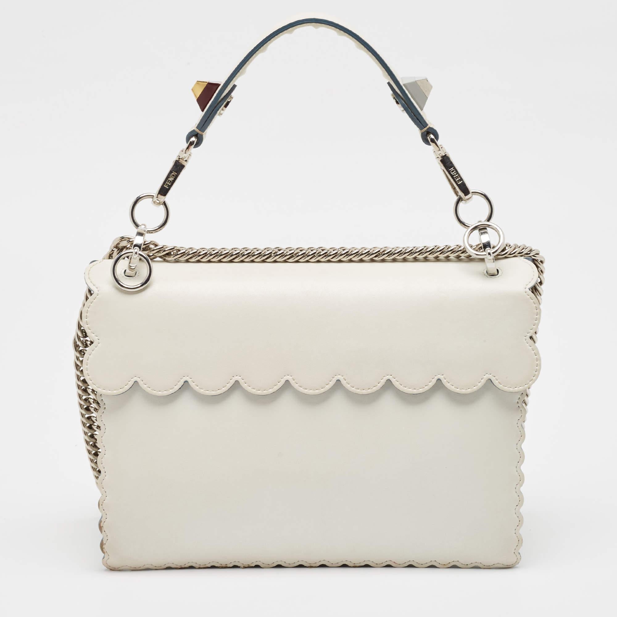 Women's Fendi Off White Scalloped Leather Medium Kan I Shoulder Bag