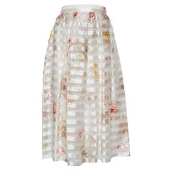 Fendi Off White Striped Blooming Printed Silk Midi Skirt M