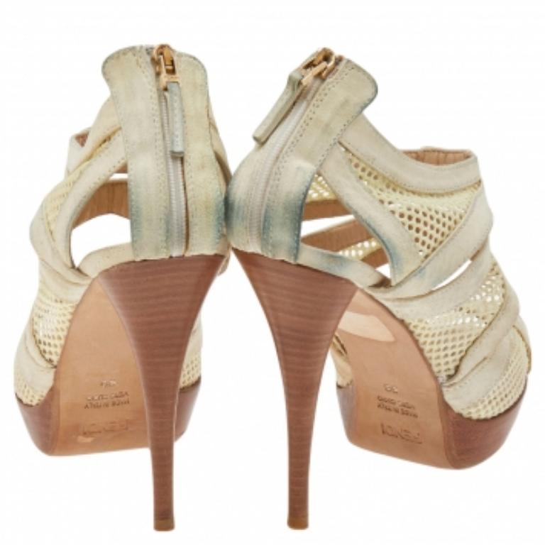 Beige Fendi Off-White Suede And Mesh Cage Open-Toe Platform Sandals Size 38