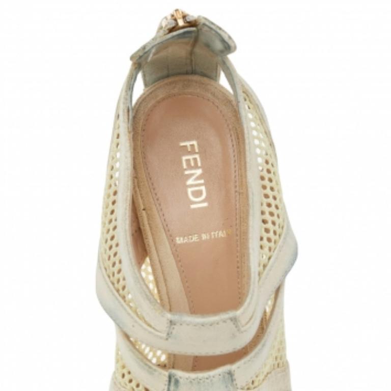Women's Fendi Off-White Suede And Mesh Cage Open-Toe Platform Sandals Size 38