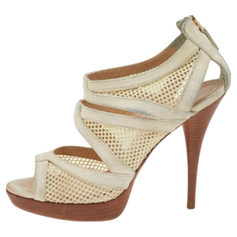 Fendi Off-White Suede And Mesh Cage Open-Toe Platform Sandals Size 38