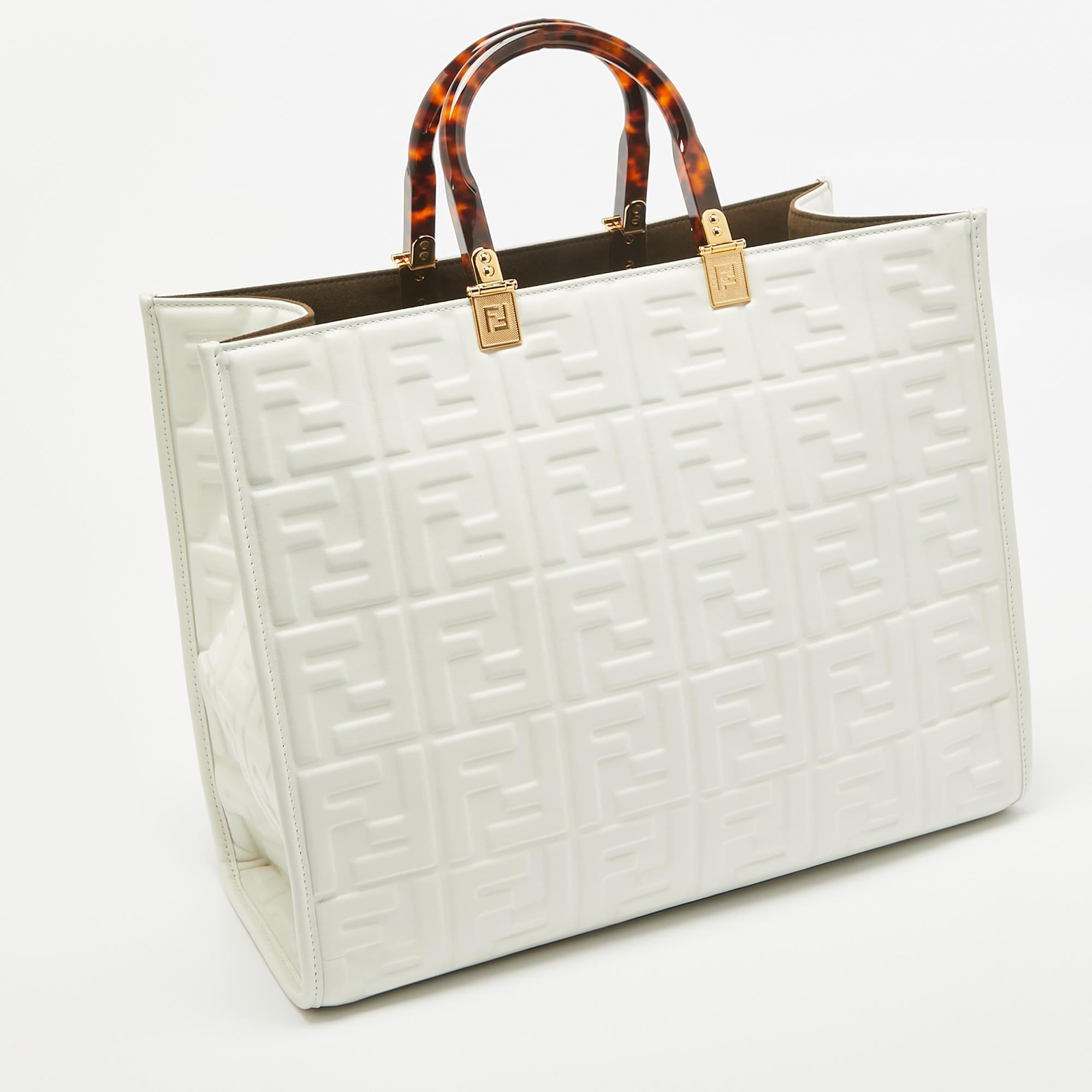 Fendi Off White Zucca Embossed Leather Medium Sunshine Tote In Good Condition In Dubai, Al Qouz 2