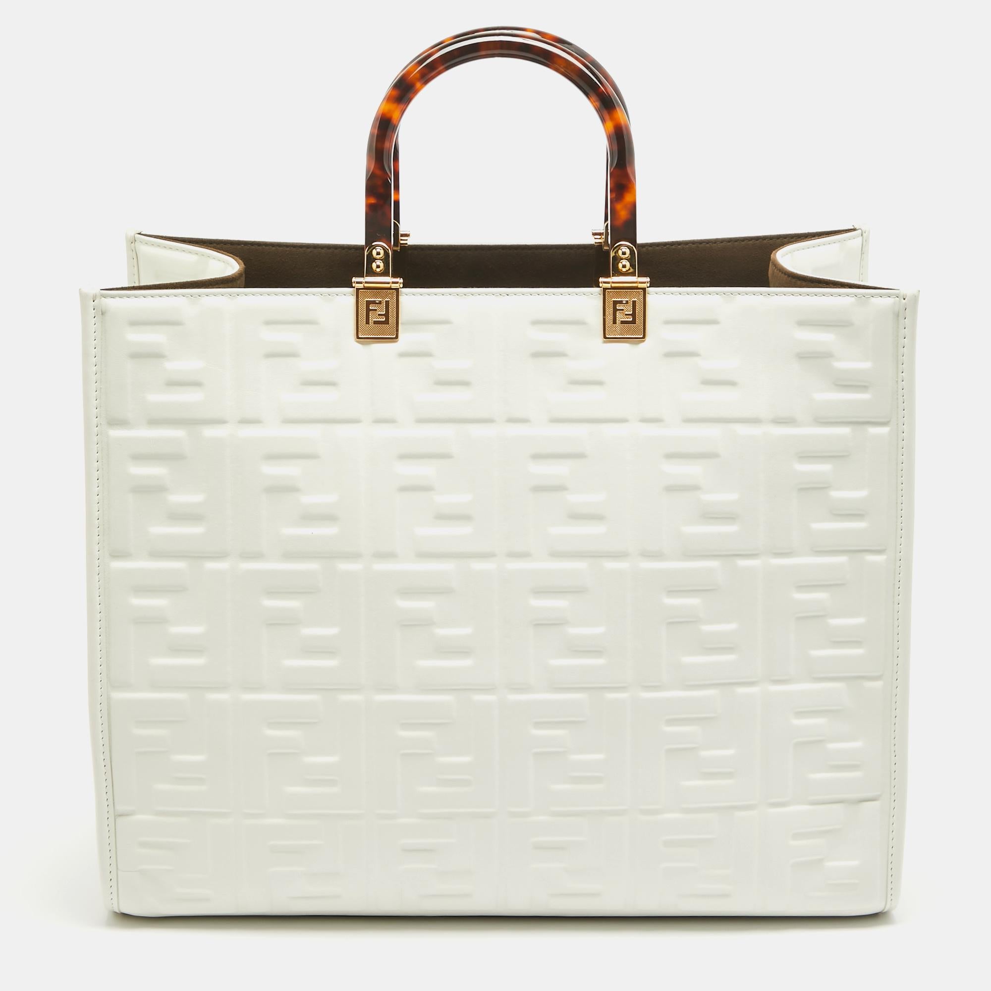 Women's Fendi Off White Zucca Embossed Leather Medium Sunshine Tote