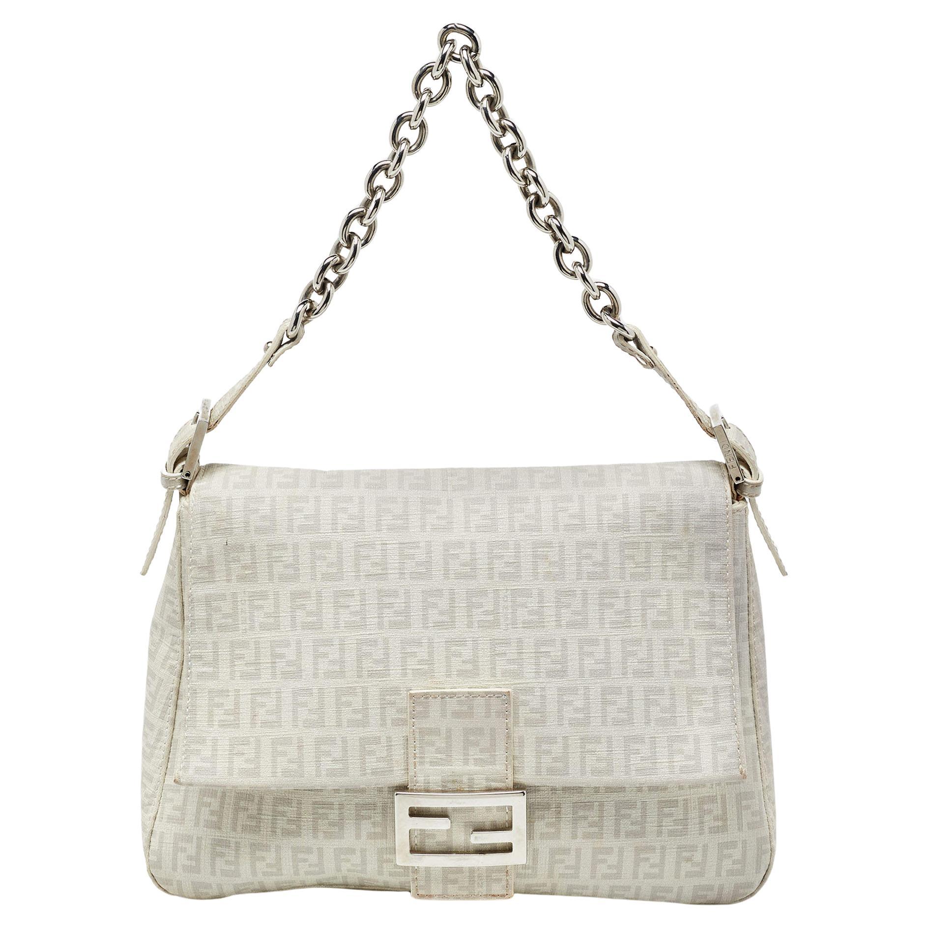 Fendi Off White Zucchino Coated Canvas Mama Forever Shoulder Bag For Sale
