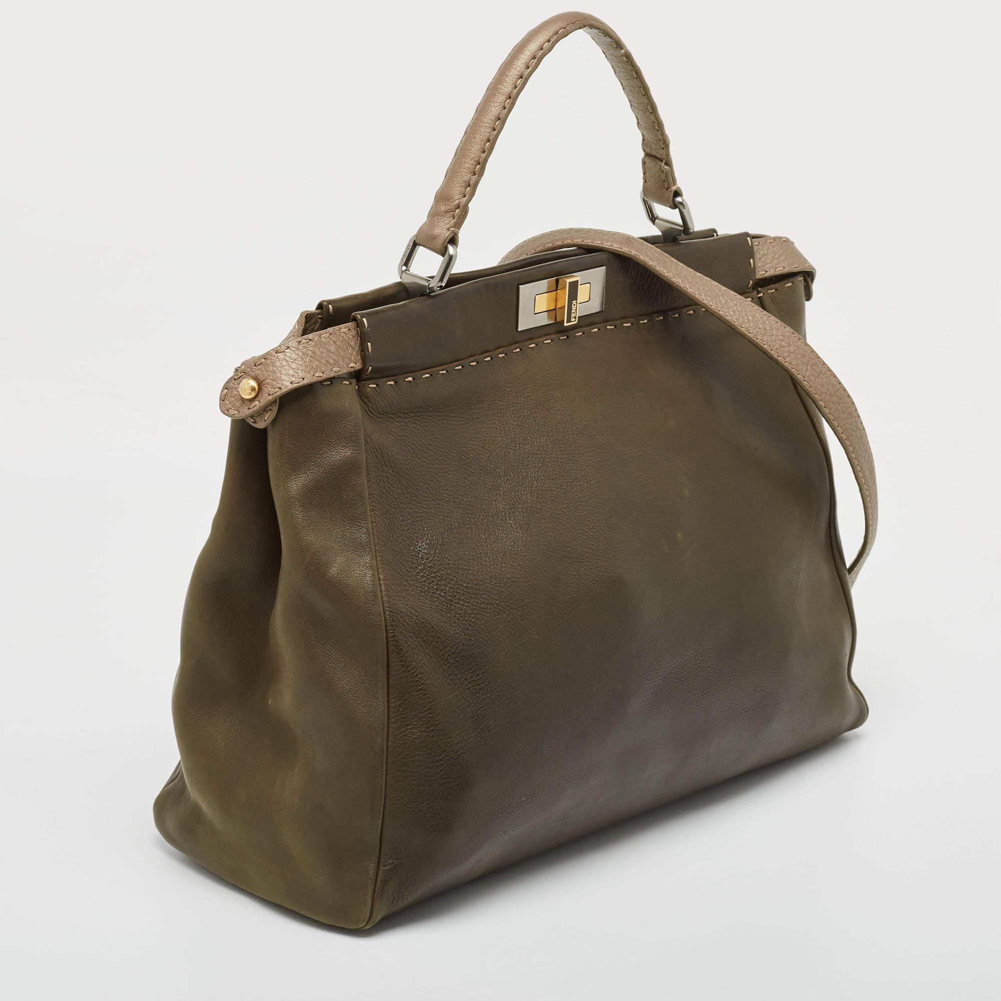 Fendi Olive Green/Beige Selleria Leather Large Peekaboo Top Handle Bag For Sale 2