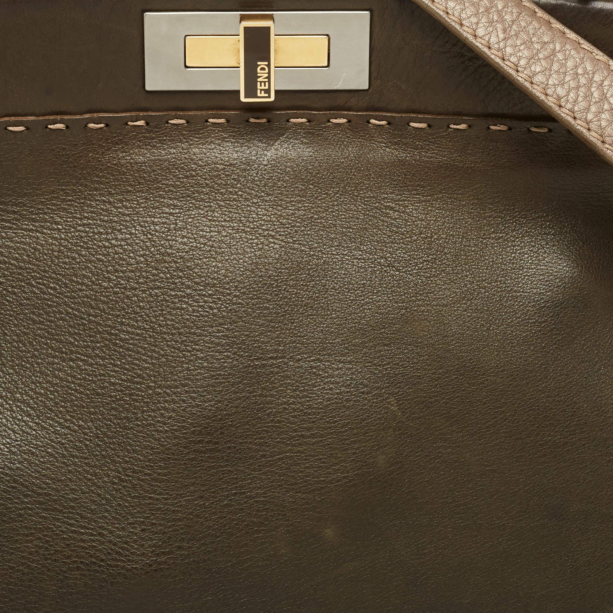 Fendi Olive Green/Beige Selleria Leather Large Peekaboo Top Handle Bag For Sale 3