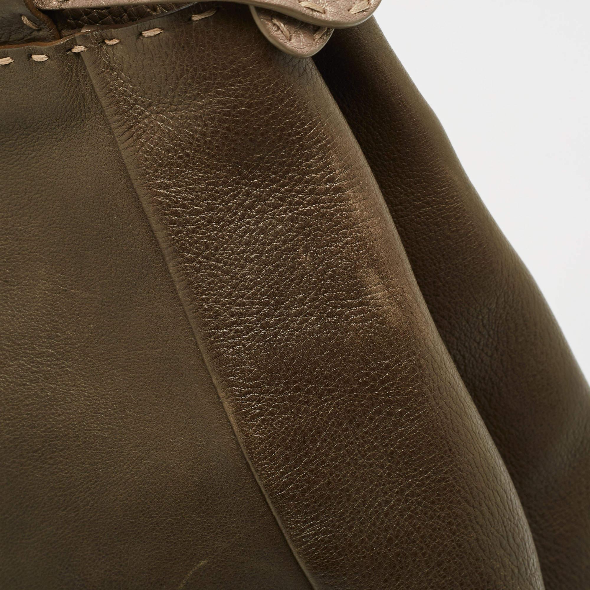 Fendi Olive Green/Beige Selleria Leather Large Peekaboo Top Handle Bag For Sale 4