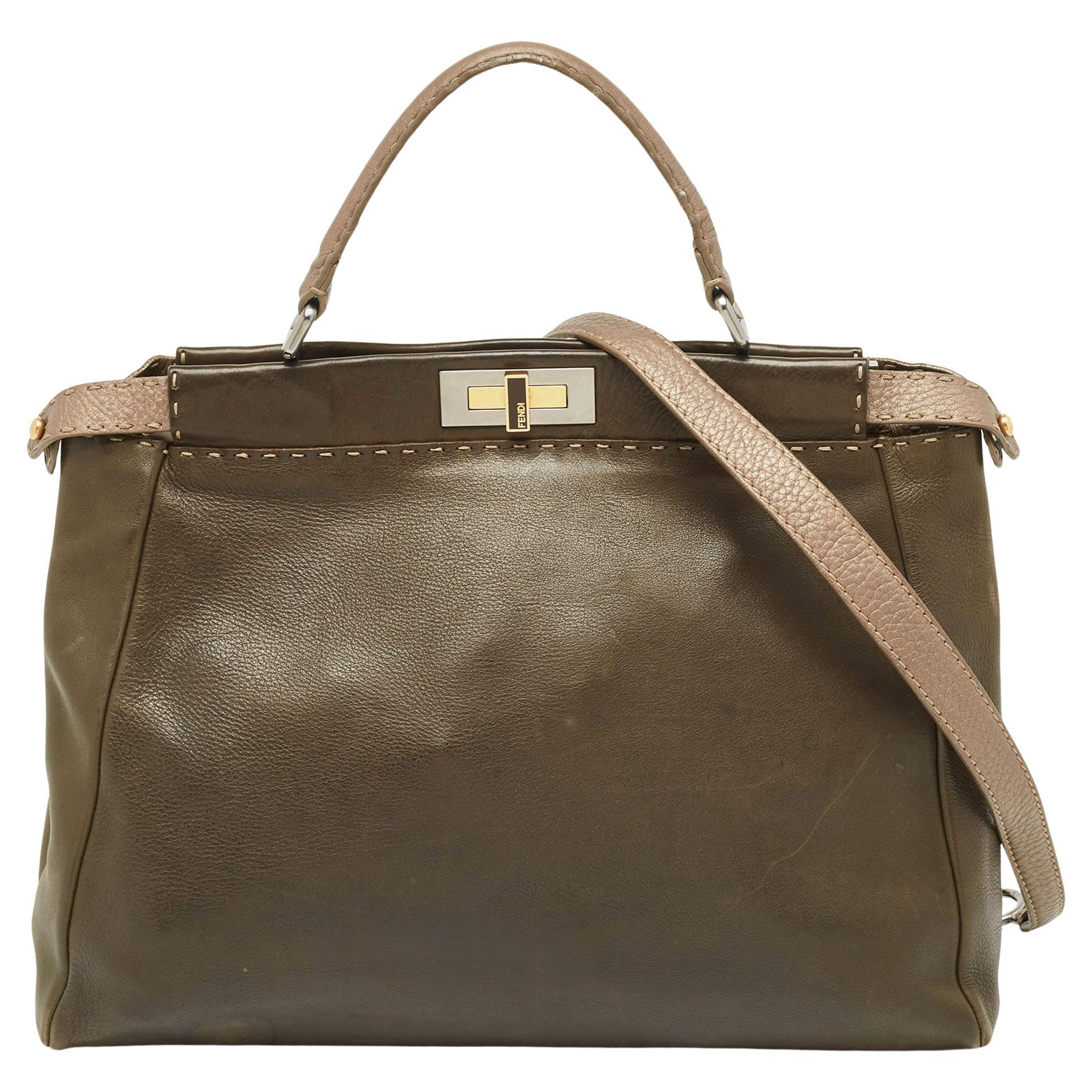 Fendi Olive Green/Beige Selleria Leather Large Peekaboo Top Handle Bag For Sale
