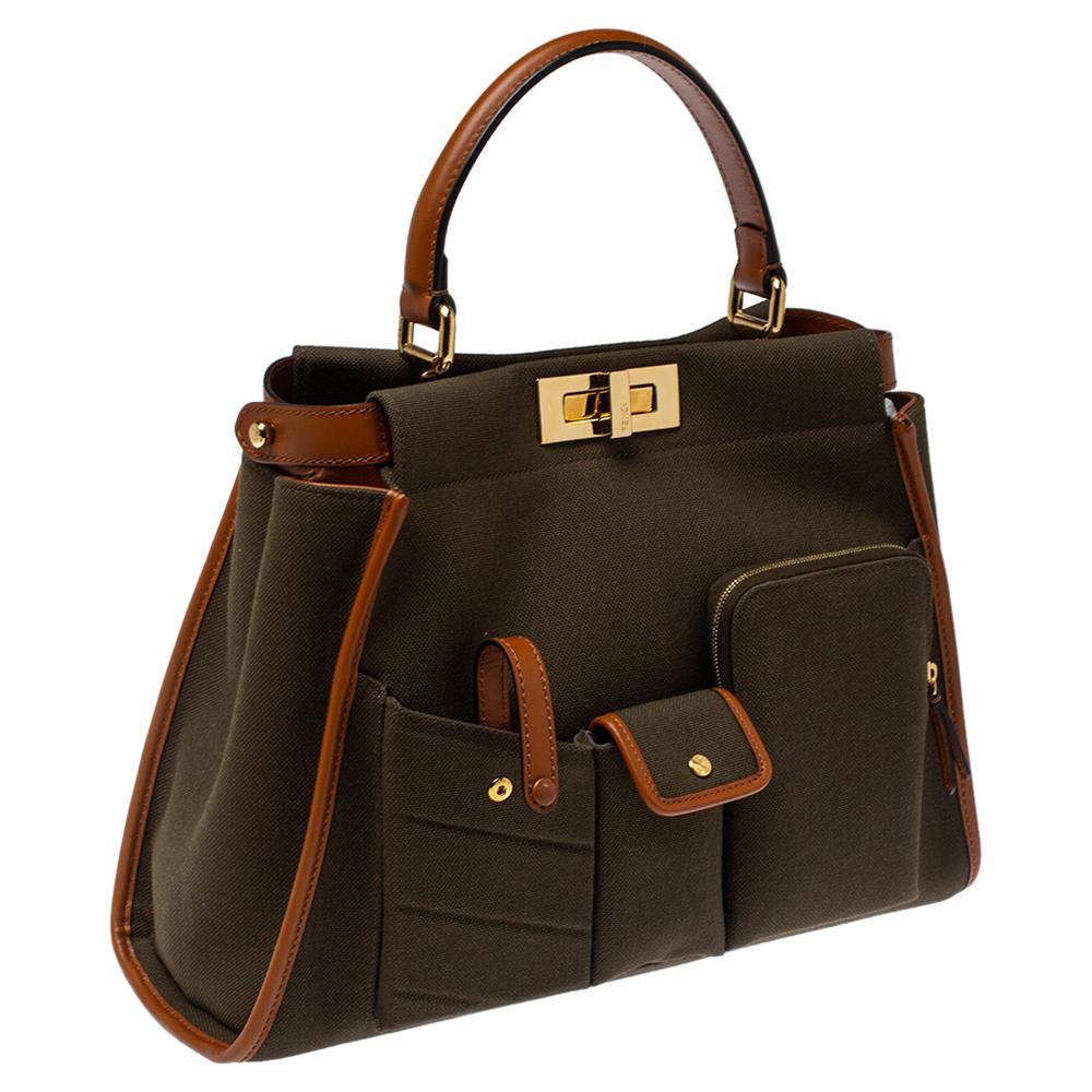 Black Fendi Olive Green/Brown Canvas and Leather Peekaboo Utility Top Handle Bag