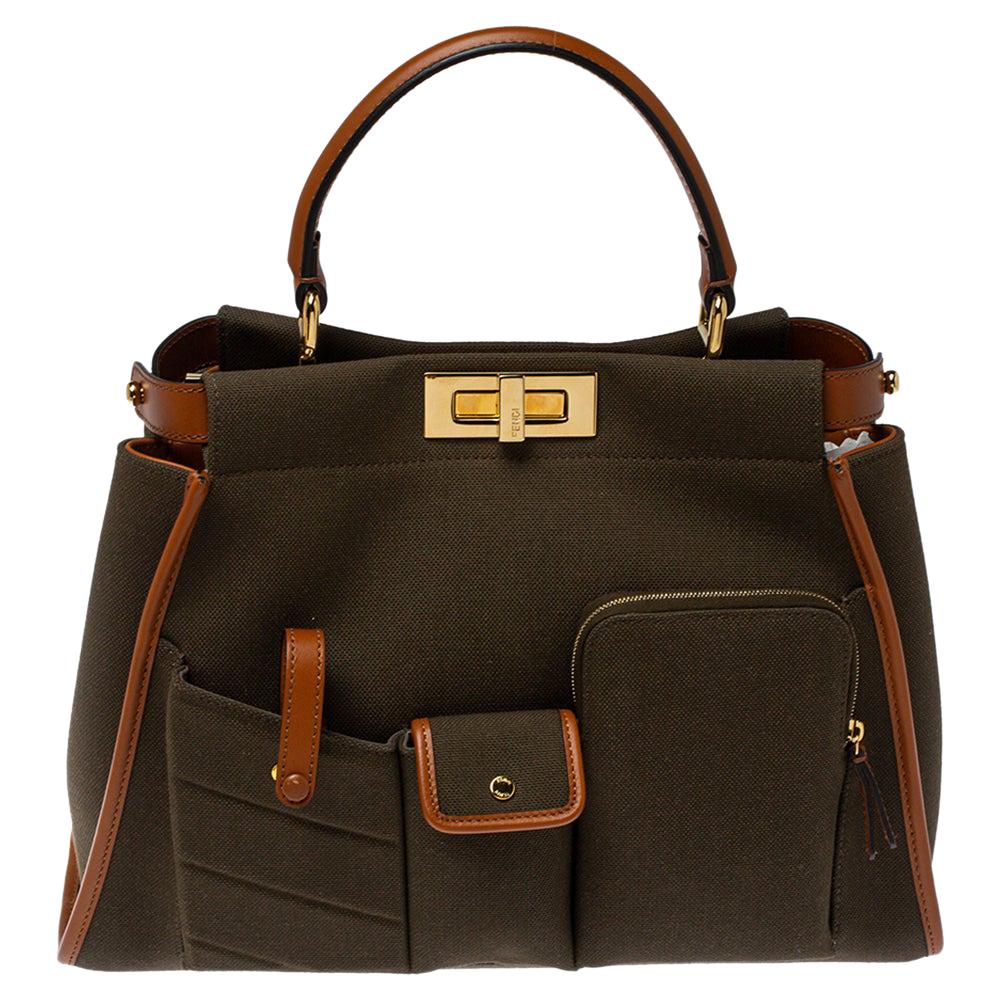 Fendi Olive Green/Brown Canvas and Leather Peekaboo Utility Top