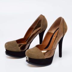 Fendi Olive Green /Gold Suede and Patent Leather Fendista Platform Pumps Size 37