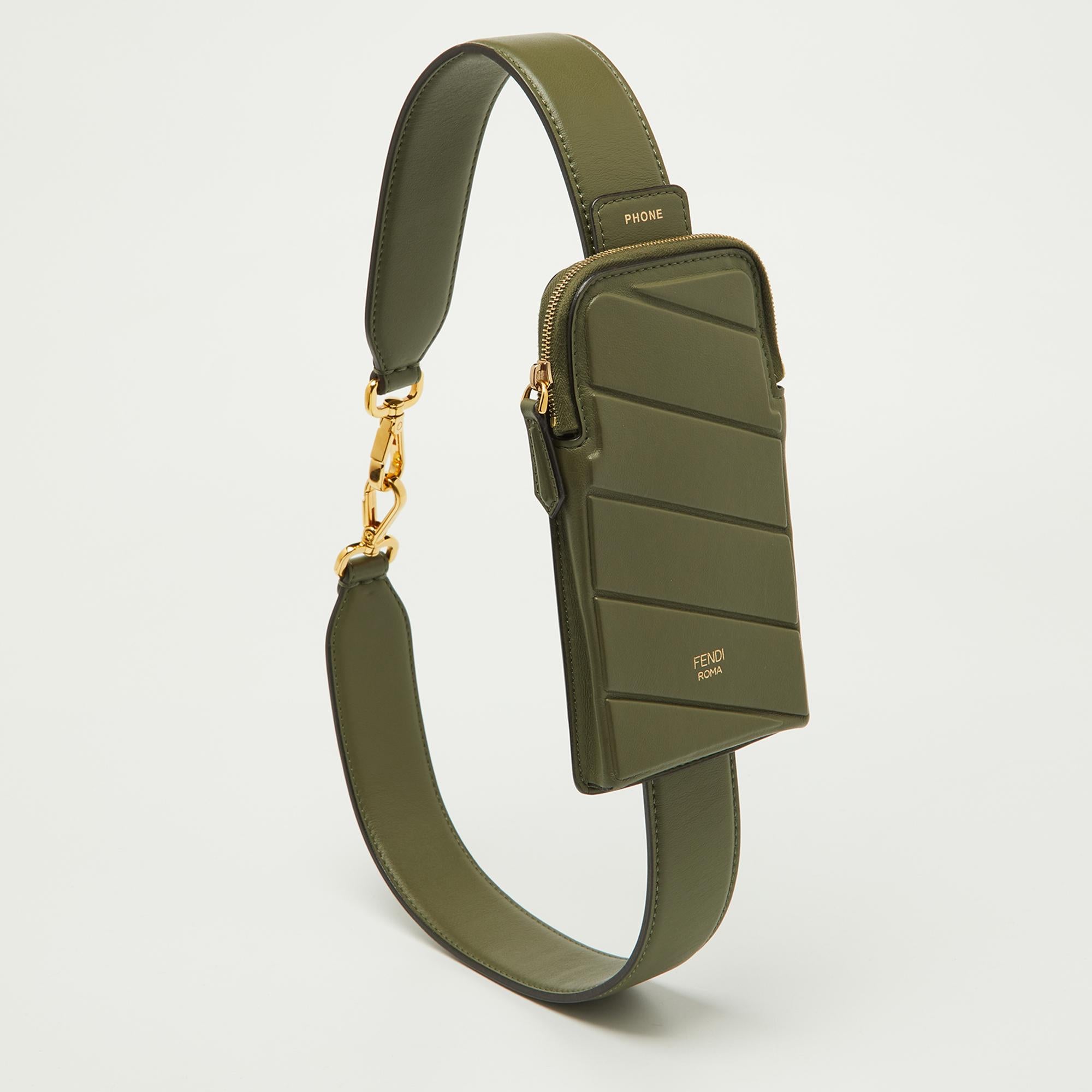 Fendi Olive Green Leather Cell Pocket Bag Strap For Sale 6