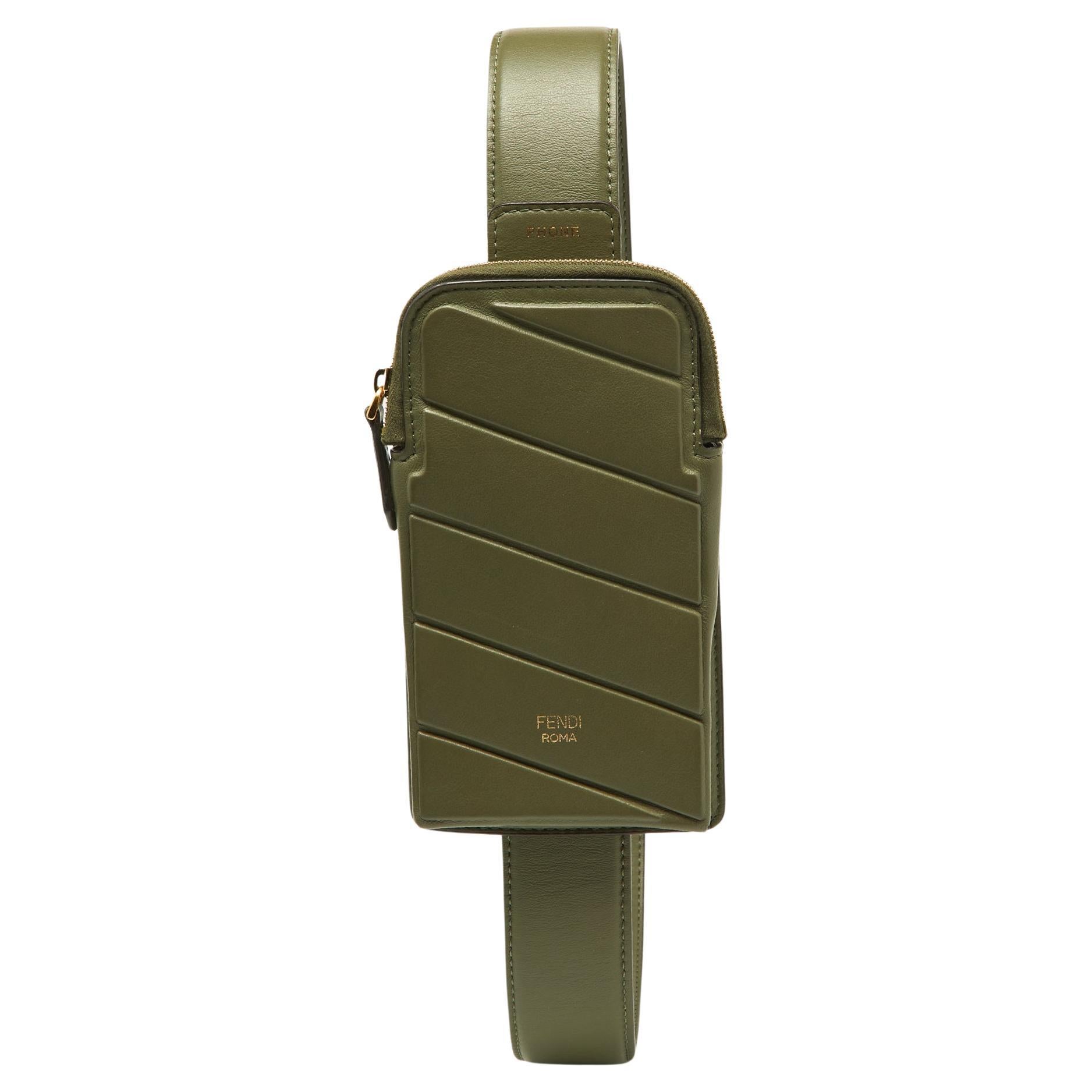 Fendi Olive Green Leather Cell Pocket Bag Strap For Sale