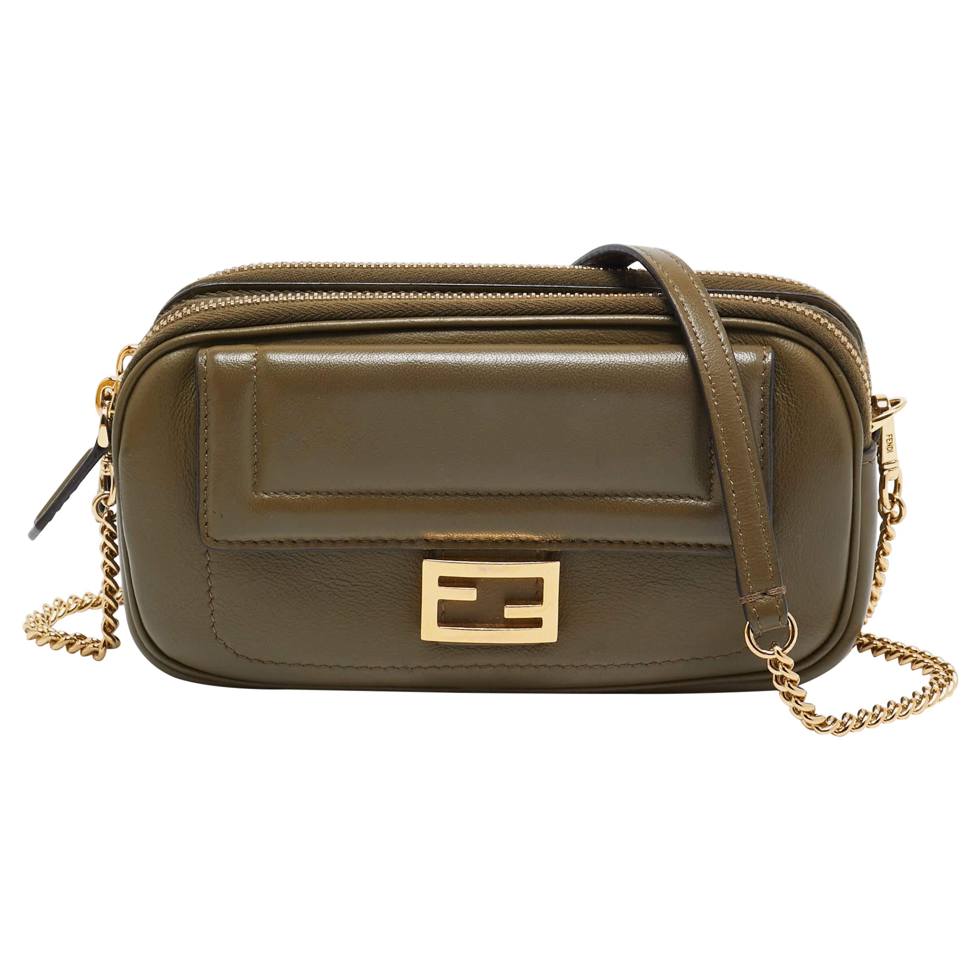 Fendi Olive Green Leather Easy 2 Baguette Crossbody Bag