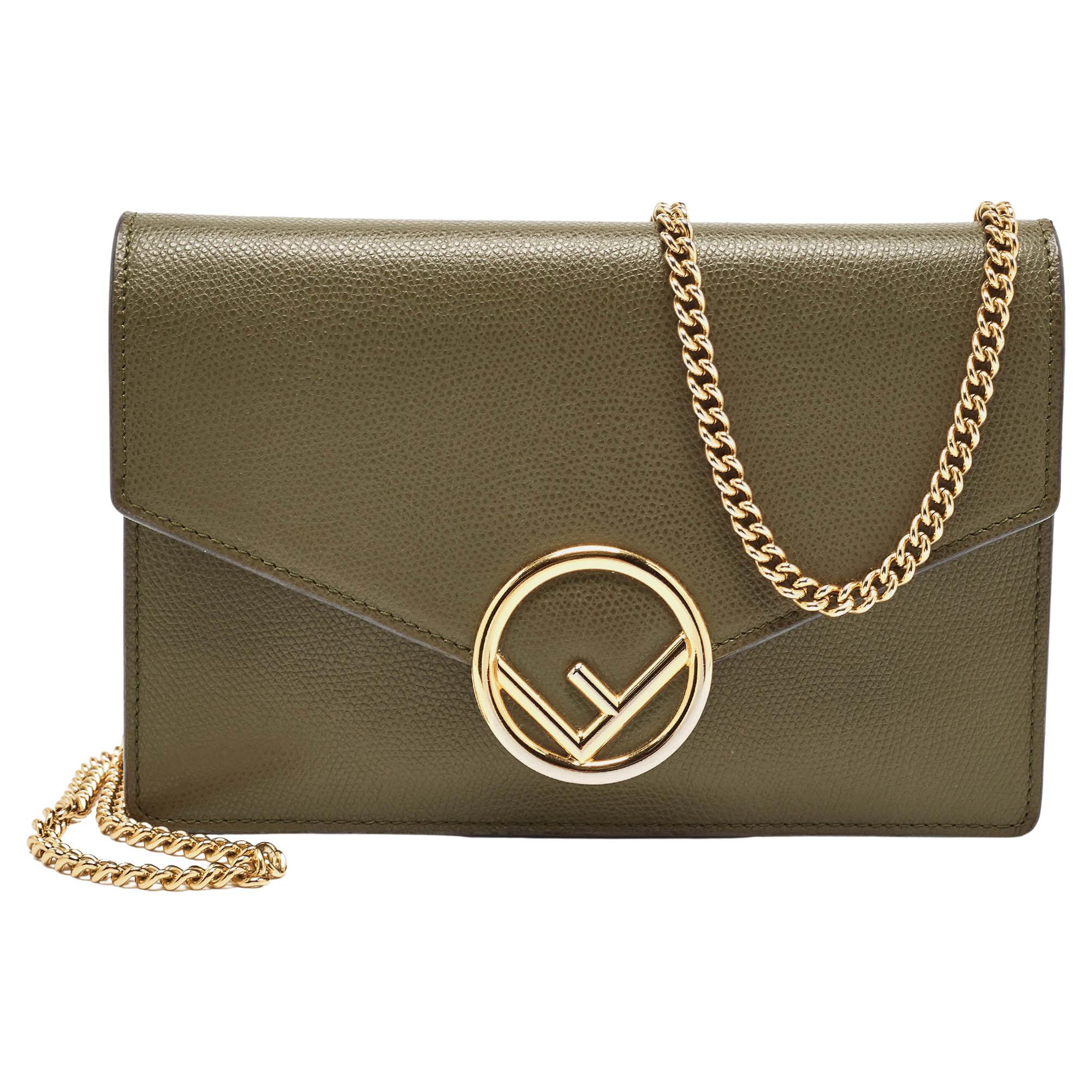 Fendi Olive Green Leather F is Fendi Wallet on Chain For Sale