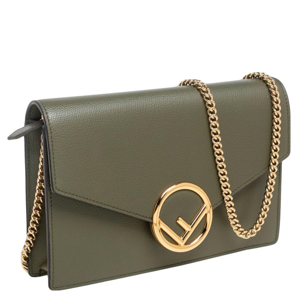Gray Fendi Olive Green Leather F Wallet On Chain