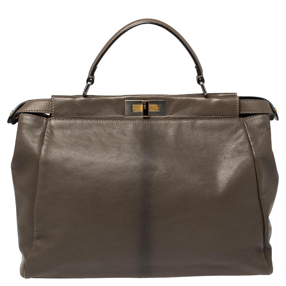 Black Fendi Olive Green Leather Large Peekaboo Top Handle Bag