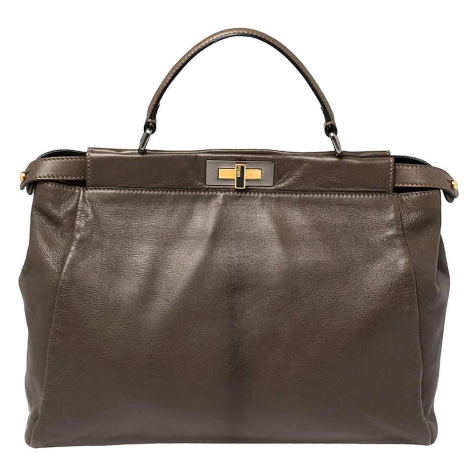 Fendi Olive Green Leather Large Peekaboo Top Handle Bag