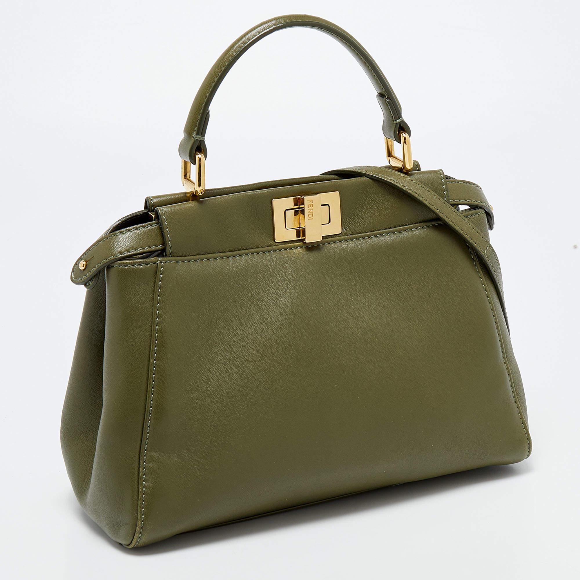 Women's Fendi Olive Green Leather Mini Peekaboo Top Handle Bag