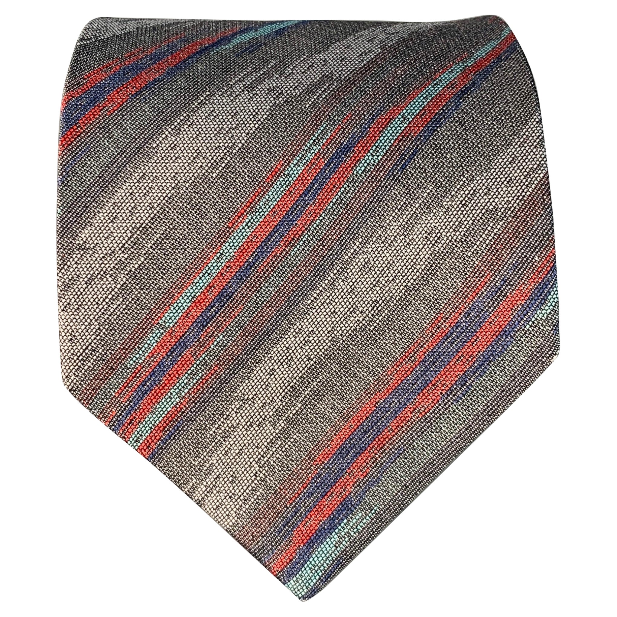 FENDI One Size Grey Red Diagonal Stripe Silk Tie