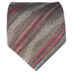 FENDI One Size Grey Red Diagonal Stripe Silk Tie