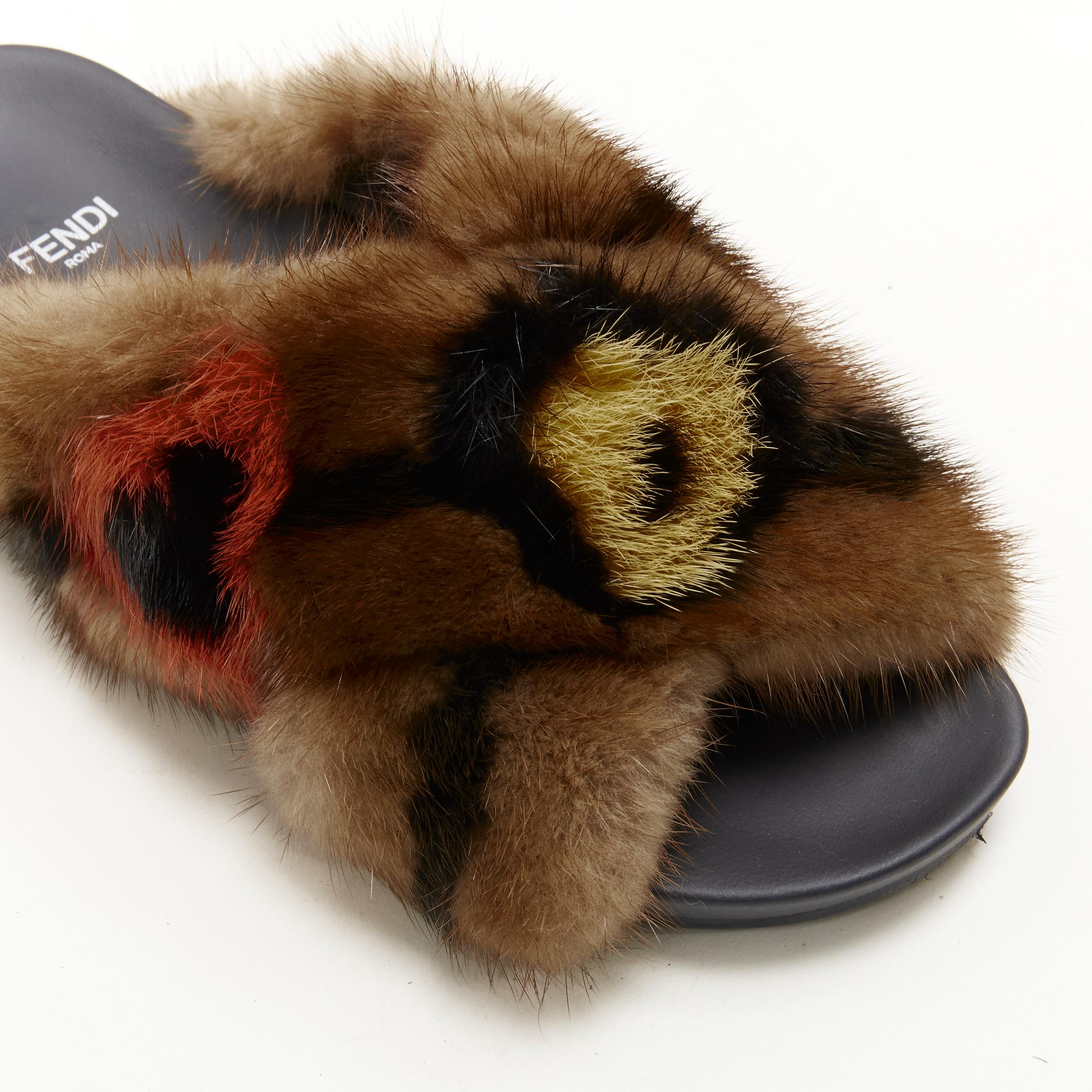 Women's FENDI Open Your Heart brown mink fur cross strap slides sandals EU36 For Sale