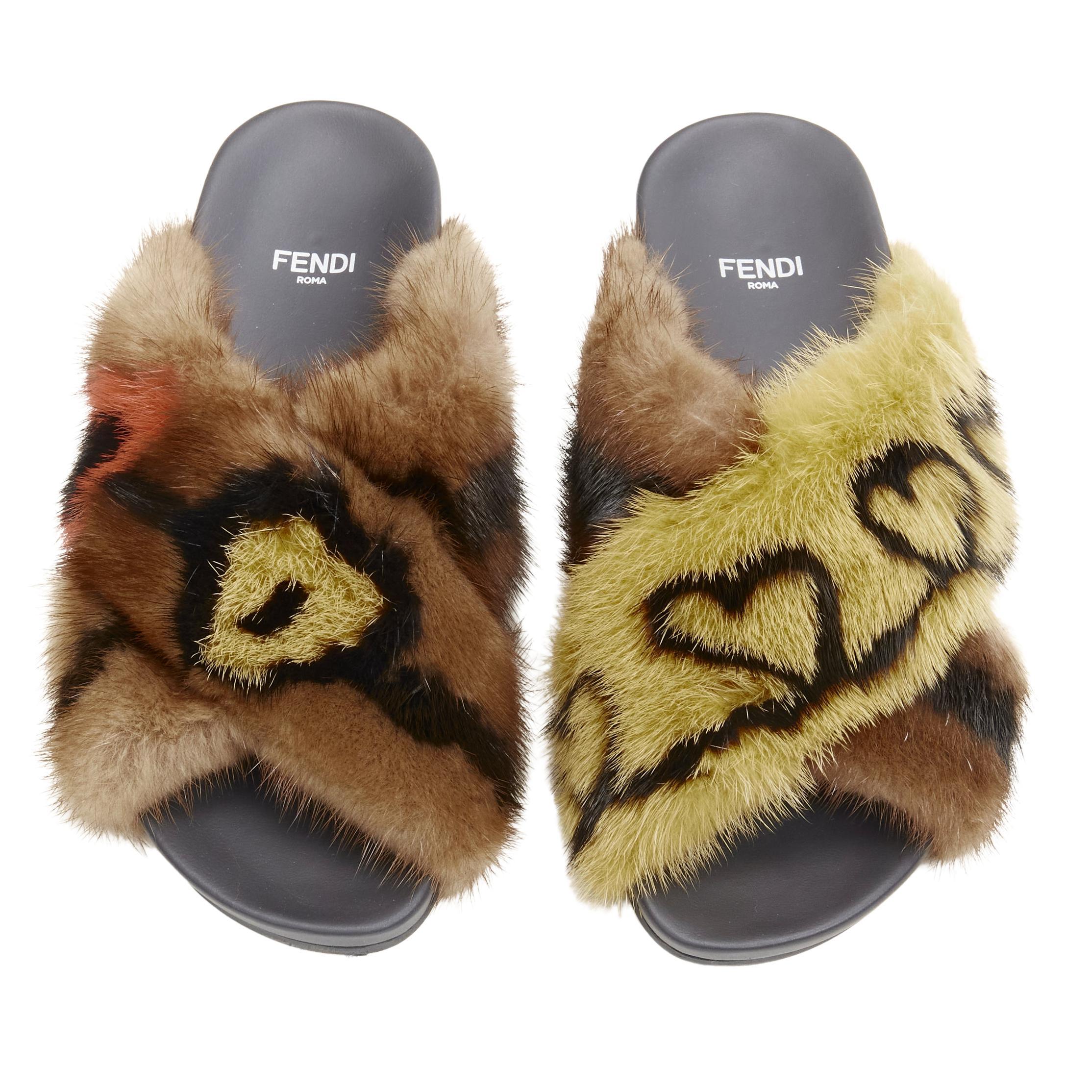 FENDI Open Your Heart brown mink fur cross strap slides sandals EU36 For Sale