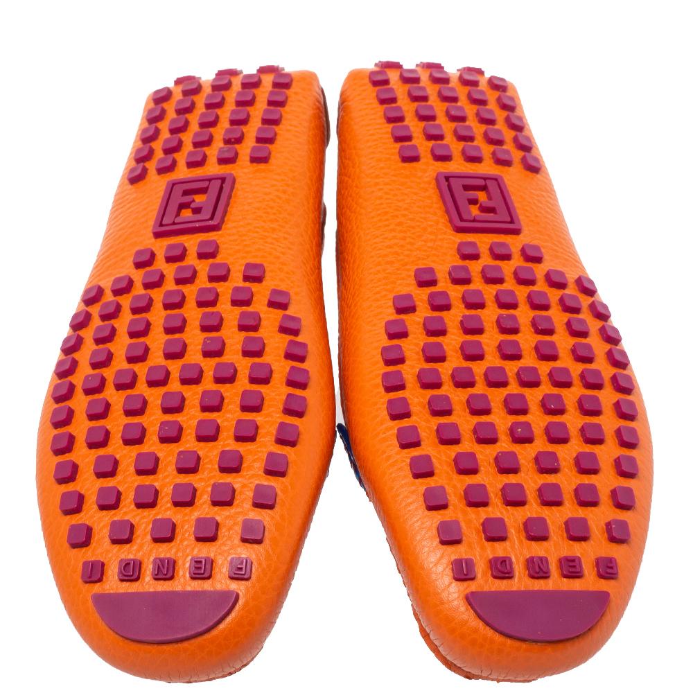 Women's Fendi Orange/Blue Croc Embossed Leather FF Logo Slip On Loafers Size 37.5