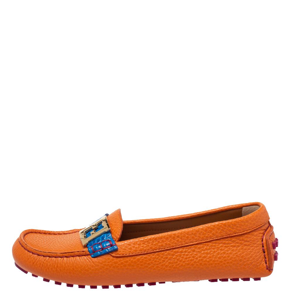 Fendi Orange/Blue Croc Embossed Leather FF Logo Slip On Loafers Size 37.5 1