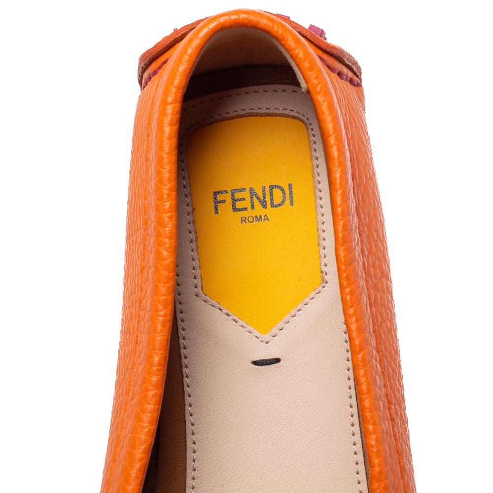 Fendi Orange/Blue Croc Embossed Leather FF Logo Slip On Loafers Size 37.5 2